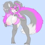 anthro big_breasts big_hair blep blue_background blush blush_lines bottomless breasts claws clothed clothing dipstick_tail female finger_claws fur grey_body grey_fur grey_hair grey_inner_ear_fluff grey_skin hair huge_breasts hyper hyper_breasts inner_ear_fluff markings nipples pink_body pink_eyes pink_fur simple_background solo tail tail_markings toe_claws tongue tongue_out tuft wardrobe_malfunction white_body white_fur trexqueen canid canine canis mammal wolf hi_res