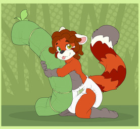 4_fingers 4_toes ambiguous_gender anthro bamboo black_nose border brown_hair clean_diaper clothed clothing diaper diaper_only dipstick_tail dotted_background fangs feet fingers fur gloves_(marking) green_background green_border grey_body grey_fur grey_tail grey_tail_tip hair heterochromia hug hugging_object hugging_plushie kneeling leg_markings markings multicolored_body multicolored_fur nature_background orange_body orange_fur orange_tail pattern_background pink_inner_ear plushie red_body red_fur red_tail ring_(marking) ringed_tail simple_background smile socks_(marking) solo striped_markings striped_tail stripes tail tail_markings teeth three-quarter_view toes tongue tongue_out topless wearing_diaper white_body white_diaper white_ears white_fur white_tail bubblepuppers rolo_(redpandarolo) ailurid mammal red_panda full-length_portrait hi_res portrait