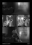 2021 anthro arm_tuft barefoot belt biped black_border border bulletproof_vest canid canine canis car cheek_tuft clothed clothing comic dipstick_ears disney ear_markings empty_eyes english_text facial_tuft feet female fox foxxj gloves_(marking) greyscale group head_tuft hi_res holding_object holding_weapon judy_hopps knife lagomorph leporid male mammal markings monochrome multicolored_ears nick_wilde outside rabbit red_fox shoulder_tuft standing text true_fox tuft utility_belt vehicle weapon wolf zootopia