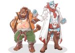 anthro barazoku belly blue_body blue_fur bottomwear brown_body brown_fur bulge clothing duo fur humanoid_hands kemono male muscular overweight overweight_male pants simple_background white_background white_body white_fur ryuta-h canid canine canis felid lion mammal pantherine wolf 2018