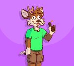 anthro antlers bottomwear brown_body brown_fur cargo_shorts clothing fur gesture green_clothing green_shirt green_topwear hand_gesture horn khaki_shorts male paper purple_background shirt shorts simple_background smile solo sparkles t-shirt tan_body tan_fur text thumbs_up tongue tongue_out topwear tinydeerguy darwin_(tinydeerguy) deer mammal english_text hi_res