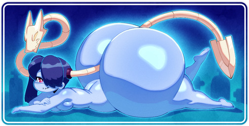 anthro big_butt blue_body blue_hair blue_skin breasts butt eyebrows female hair hair_over_eye huge_butt hyper hyper_butt lying nude on_front pupils red_eyes smile yellow_eyes angstrom skullgirls leviathan_(skullgirls) squigly humanoid reptile scalie snake undead zombie digital_media_(artwork)