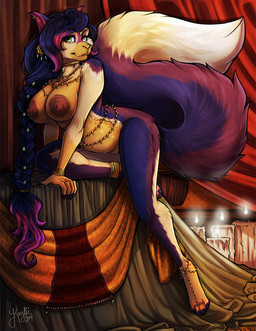 anklet anthro areola bedroom_eyes big_areola big_breasts black_hair black_nails blue_body blue_fur bracelet braided_hair breasts candle colored_nails ear_piercing ear_ring female fluffy fluffy_tail fur gold_(metal) gold_jewelry green_eyes hair half-closed_eyes harem harem_clothing harem_jewelry harem_outfit highlights_(coloring) jewelry jewelry_only long_hair looking_at_viewer multicolored_body multicolored_fur multicolored_hair nails narrowed_eyes navel necklace nipples nude piercing pose purple_body purple_fur purple_highlights ring_piercing seductive slightly_chubby smile solo tail waist_accessory white_body white_fur yellow_body yellow_fur kaylii samira_(kaylii) giant_squirrel indian_giant_squirrel mammal rodent sciurid tree_squirrel hi_res