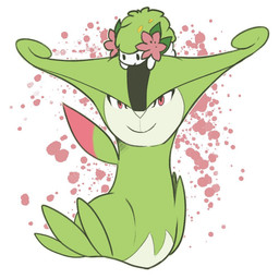 ambiguous_gender carrying_another countershade_torso countershading duo feral flower flower_(anatomy) green_body head_flower on_head on_top pattern_background plant red_eyes simple_background size_difference smaller_on_top smile white_background white_body fezziobeans nintendo pokemon generation_4_pokemon generation_5_pokemon land_forme_shaymin legendary_pokemon pokemon_(species) shaymin virizion 1:1 2019 flat_colors