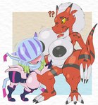 anthro areola barefoot big_breasts blush breasts clothed clothing feet female female/female footwear huge_breasts larger_female nipple_dip nipples red_body shoes size_difference smile tail teeth thick_thighs purple_yoshi_draws bandai_namco digimon digimon_(species) growlmon jellymon teslajellymon 2023 hi_res