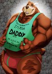 anthro belly body_hair bulge chest_hair claws clothing daddy_kink hairy jockstrap male muscular muscular_male overweight overweight_anthro overweight_male solo teasing thick_thighs underwear writing_on_clothes nanuk_(artist) bear mammal hi_res