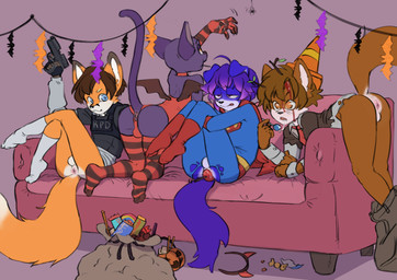 anthro anus backsack balls blue_body blue_eyes blue_fur brown_body brown_fur brown_hair butt countershade_face countershade_fur countershading floppy_ears fur genitals group hair holidays male orange_body orange_fur shota tail young young_anthro young_male nononge halloween fusion_(fusionxglave) purple_cat_(nononge) stripes_(stripes-the-raccoon) tycloud arachnid arthropod canid canine domestic_cat felid feline felis fox mammal spider absurd_res hi_res