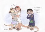 bulge clothing collar dialogue eyes_closed female group hug male open_mouth open_smile smile spiked_collar spikes standing trio timon-berkowitz disney the_lion_king timon herpestid mammal meerkat hi_res traditional_media_(artwork)