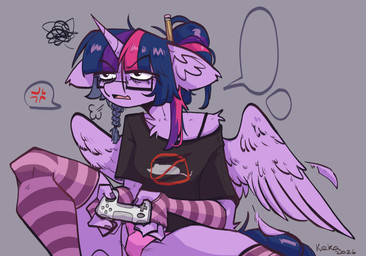 annoyed anthro armlet braided_hair clothing controller eyewear feathers female glasses hair horn inner_ear_fluff legwear panties pencil_(object) shirt simple_background solo speech_bubble stockings t-shirt topwear tuft underwear wings drakekok friendship_is_magic hasbro my_little_pony mythology twilight_sparkle_(mlp) equid equine mammal mythological_creature mythological_equine winged_unicorn hi_res