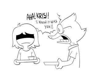 ambiguous_gender anthro beak clothed clothing duo eyewear feathers frown glasses hair open_mouth shirt simple_background speech_bubble text toony topwear kewlbot deltarune undertale_(series) berdly kris_(deltarune) avian bird bluebird human lightner mammal oscine passerine thrush_(bird) digital_media_(artwork) english_text hi_res monochrome