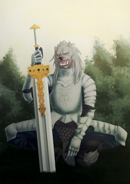 anthro armor blade clothed clothing crouching fangs fingers fur grey_body hair looking_at_viewer male melee_weapon open_mouth solo spread_legs spreading sword tail teeth weapon sammaeel elden_ring fromsoftware blaidd_(elden_ring) canid canine canis mammal wolf absurd_res hi_res