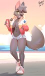 5_fingers anthro beach beverage beverage_can big_breasts bottomwear breasts clothing cloud cola denim denim_bottomwear denim_clothing denim_shorts female fingers footwear fur grey_body grey_fur grey_hair hair hand_in_pocket holding_beverage holding_object jacket navel outside pockets sand shoes short_hair shorts sky sneakers soda solo standing topwear torn_clothing water hinget canid canine canis mammal wolf 2024 absurd_res artist_name hi_res