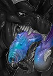 anthro balls claws foreskin frill_(anatomy) genitals humanoid_genitalia humanoid_penis male open_mouth oral penis solo teeth nitrods scalie hi_res