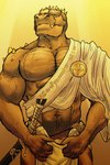 anthro bottomwear clothing fantasy genitals loincloth male melee_weapon muscular muscular_anthro muscular_male pecs penis robe solo sword weapon simonsbathtub scalie hi_res