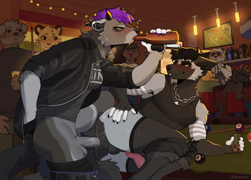 8_ball alcohol anal animal_genitalia animal_penis anthro backsack ball balls bar beverage billiard_ball billiard_table blush bottomwear bottomwear_around_legs bottomwear_down bulge canine_genitalia canine_penis chain chain_necklace clothed clothing clothing_around_legs crowd cue_stick duo ear_piercing ear_ring erection erection_under_clothing exhibitionism facial_markings furniture genitals group hair head_markings horn humanoid_genitalia humanoid_penis jacket jewelry knot lying male male/male male_penetrated male_penetrating male_penetrating_male markings mask_(marking) necklace on_side pants pants_around_legs pants_down partially_clothed penetration penile penile_penetration penis piercing pink_hair public public_sex rainbow_flag rainbow_symbol ring_piercing risky sex shirt table tank_top topwear plaguerat nine_inch_nails valerie_(orionhorndog) binturong canid canine fox mammal viverrid absurd_res hi_res