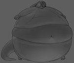 anthro blueberry_inflation body_inflation claws clothed clothing ears_back eyewear fur glasses inflation male navel pivoted_ears solo standing tail thick_tail tight_clothing toe_claws tracksuit worried chipchell jaydahroo skittles_roo kangaroo macropod mammal marsupial greyscale monochrome