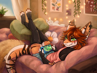 anthro bed femboy furniture gaming male paws pillow playing_video_game solo williamforster nintendo aquatic fish shark invalid_tag hi_res