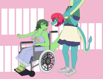 5_fingers 5_toes accessory alternate_costume anthro big_breasts biped blue_body blue_scales bottomwear bracelet breasts clothed clothed_anthro clothed_female clothing disability dress duo feet female fingers flower flower_in_hair footwear freckled_face freckled_shoulders freckles green_body green_hair green_scales grey_eyes hair hair_accessory hand_on_neck humanoid_feet humanoid_hands jewelry long_neck long_tail looking_aside looking_at_another medium_hair multicolored_body multicolored_scales non-mammal_breasts one_eye_closed outstretched_arm paraplegic plant plantigrade purple_clothing purple_dress pursed_lips red_hair sandals scales shoes simple_background sitting skirt standing tail toes tongue tongue_out two_tone_body two_tone_scales vehicle wheelchair yellow_sclera buffgourmetking cavemanon_studios i_wani_hug_that_gator liz_farlane olivia_halford baryonyx brachiosaurid brachiosaurus dinosaur macronarian prehistoric_species reptile saurischian sauropod sauropodomorph scalie spinosaurid theropod 2024 absurd_res colored hi_res