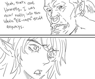 duo ear_piercing facial_piercing female humanoid_pointy_ears male nose_piercing nose_ring not_furry piercing pointy_ears ring_piercing septum_piercing text tusks baalbuddy elf humanoid orc 6:5 english_text monochrome