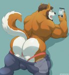 anthro anus back_muscles barazoku beard biceps big_bulge big_butt big_muscles blue_background bottomwear bottomwear_down bottomwear_pull bubble_butt bulge butt cellphone claws clothed clothing clothing_pull disembodied_hand duo electronics eyebrows facial_hair fur ghost_hand hair huge_butt huge_muscles huge_thighs jockstrap looking_back lying male muscular muscular_anthro muscular_male on_front open_mouth pants pants_down pants_pull partially_clothed perineum phone shadow simple_background smartphone solo_focus surprise teeth thick_thighs tongue topless topless_anthro topless_male tuft underwear tylerstark canid canine mammal 2022 absurd_res hi_res