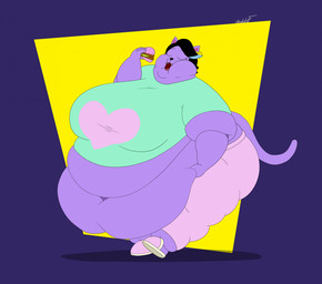 anthro belly belly_grab big_belly big_breasts black_hair black_nose bottomwear breasts clothed clothing deep_navel eating female food footwear fur hair holding_food holding_object huge_belly huge_breasts hyper hyper_belly morbidly_obese morbidly_obese_anthro morbidly_obese_female navel obese obese_anthro obese_female open_mouth overweight overweight_anthro overweight_female pants purple_body purple_fur red_tongue shirt shoes solo tail tongue topwear walking doublef-returns undertale_(series) catty_cattenheimer domestic_cat felid feline felis mammal hi_res shaded