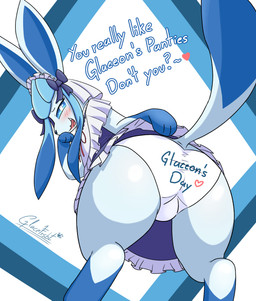 anthro anthrofied back-print_panties big_butt blue_body blush blush_lines bottomwear bow_ribbon butt clothed clothing clothing_lift dialogue female fur gusset heart_symbol holowear_(pokemon) looking_at_viewer low-angle_view maid_uniform open_mouth panties panty_peek paws pokemorph print_clothing print_panties print_underwear raised_bottomwear raised_clothing raised_skirt raised_tail seductive simple_background skirt skirt_lift solo tail talking_to_viewer teasing teasing_viewer text text_on_clothing text_on_panties text_on_underwear thick_thighs underwear uniform upskirt white_clothing white_panties white_underwear wide_hips glacefrostbite glaceon_day nintendo pokemon pokemon-specific_day pokemon_unite tea_party_style_glaceon canid canine eeveelution generation_4_pokemon glaceon mammal pokemon_(species) absurd_res english_text hi_res