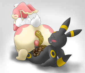 ambiguous_gender ambiguous_pooping anthro anus black_body black_fur blue_eyes blush bodily_fluids bottomless bottomless_ambiguous bottomless_anthro brown_eyes butt clenched_teeth clothed clothing crouching duo erection eyes_closed feces feces_on_body feces_on_chest feces_on_penis feces_pile fur genitals gloves_(marking) hat headgear headwear looking_pleasured lying male markings nurse_clothing nurse_hat nurse_headwear on_back on_lap penis pink_body pink_fur pooping pooping_on_another pooping_on_dick scatplay scut_tail shadow shirt short_tail simple_background smile sweat tail tan_body tan_fur teeth topwear white_background white_body white_clothing white_fur white_shirt white_topwear yellow_body yellow_fur drain_scat nintendo pokemon audino eeveelution generation_2_pokemon generation_5_pokemon pokemon_(species) umbreon hi_res