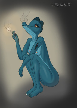 5_fingers 5_toes ankh ankh_tattoo anthro arm_tattoo blue_body blue_scales breasts cigarette crouching eyebrows eyelashes feet female fingernails fingers holding_cigarette holding_object nails nipples non-mammal_nipples red_eyes scales small_breasts smoke smoking smoking_cigarette solo tattoo teeth toenails toes yellow_sclera fluxfoxart night_in_the_woods bea_santello crocodile crocodilian reptile scalie absurd_res digital_drawing_(artwork) digital_media_(artwork) hi_res shaded signature sketch