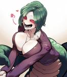 :d apode big_breasts blush breasts cleavage clothed clothing down_blouse empty_eyes female green_body green_hair green_scales hair heart_symbol legless open_mouth red_sclera scales serpentine sharp_teeth shirt short_hair smile solo split_form teeth tongue topwear sidotama fate_(series) type-moon animal_humanoid draconcopode humanoid lamia lamia_(fate) reptile reptile_humanoid scalie scalie_humanoid snake snake_humanoid