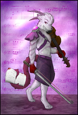 anthro armor black_border blood bodily_fluids border bottomwear bow_(stringed_instrument) bowed_string_instrument clothing fur grin horn male melee_weapon music musical_instrument musical_note musical_symbol pauldron pose purple_body purple_fur red_eyes skirt smile solo string_instrument sword symbol violin weapon white_body white_fur pankallisti bovid canid canine canis caprine demon goat hybrid mammal wolf 2017