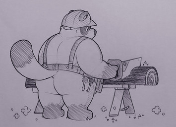 anthro armor barefoot belt belt_pouch biped butt facial_markings feet fur furgonomics gloves_(marking) hard_hat head_markings headgear helmet holding_object holding_tool leg_markings log male markings mask_(marking) mostly_nude overweight overweight_anthro overweight_male rear_view saw screwdriver simple_background socks_(marking) solo standing tool_belt tools white_background wood worker greenendorf animal_crossing nintendo tom_nook_(animal_crossing) canid canine mammal raccoon_dog tanuki 2017 full-length_portrait hatching_(art) monochrome portrait shaded