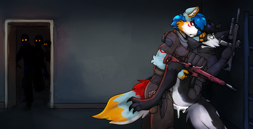 against_surface against_wall anthro arm_around_shoulders black_hair blue_hair bodily_fluids clothing cum cum_inside duo eye_roll fur genital_fluids hair holding_mouth_shut looking_back male male/male military military_uniform multicolored_body multicolored_fur public public_sex sex uniform uniformed_male weapon lizzy108 activision call_of_duty falcon_woodwere phoenix_(character) arctic_wolf avian bird canid canine canis corvid corvus_(genus) crow mammal oscine passerine pied_crow undead wolf zombie hi_res