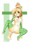 anthro areola breasts clothed clothing female fur genitals hair legwear medium_breasts nipples pink_areola pink_nipples pink_pussy pussy seductive smile solo stockings tongue tongue_out yellow_body yellow_fur soupbag animal_crossing nintendo isabelle_(animal_crossing) canid canine canis domestic_dog mammal shih_tzu toy_dog 2019