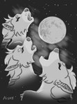 anthro braided_hair cosmic_background eyes_closed female fur grey_body grey_fur hair howl inner_ear_fluff moon parody solo starry_background tuft white_body white_fur ais05 three_wolf_moon ylva canid canine canis mammal wolf hi_res meme monochrome