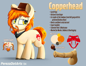 animal_genitalia animal_penis clothing cowboy_hat cutie_mark equine_genitalia equine_penis eyebrow_through_hair eyebrows facial_hair feral fur genitals goatee gold_(metal) gold_tooth hair half-closed_eyes hat headgear headwear kerchief male mane mane_hair medial_ring mustache narrowed_eyes open_mouth orange_hair penis profanity simple_background smile solo tan_body tan_fur teeth teeth_showing text translucent translucent_hair vein veiny_penis yellow_eyes perezadotarts hasbro my_little_pony copperhead_(therealnarrowjungle) fan_character earth_pony equid equine horse mammal pony english_text hi_res model_sheet shaded