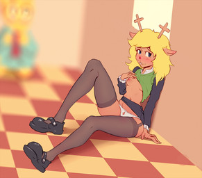 anthro antlers blonde_hair blue_eyes blush bottomwear breasts clothed clothing clothing_lift female flashing flashing_breasts garter_straps hair horn legwear looking_at_viewer navel nipples on_ground panties sitting sitting_on_ground skirt skirt_lift small_breasts smile solo stockings underwear white_clothing white_panties white_underwear jearz deltarune undertale_(series) noelle_holiday deer mammal new_world_deer reindeer 2021 hi_res