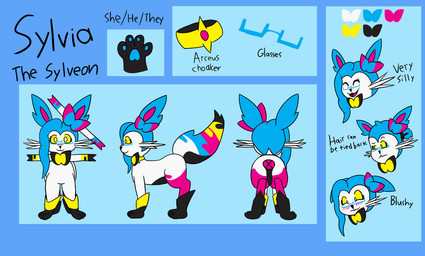 black_body black_fur black_tail blue_body blue_ears blue_eyewear blue_fur blue_glasses blue_hair blue_pawpads blue_tail blush choker eyewear feral fur fur_markings glasses hair happy jewelry markings multicolored_body multicolored_fur necklace pawpads pink_body pink_ears pink_fur pink_inner_ear pink_tail pronouns smile tail tail_markings text two_tone_body two_tone_fur two_tone_tail whiskers white_body white_eyes white_fur white_whiskers yellow_body yellow_fur yellow_sclera yellow_tail trooper3 nintendo pokemon sylvie_(trooper3) eeveelution generation_6_pokemon pokemon_(species) sylveon 2024 english_text hi_res model_sheet