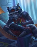 anthro black_lips brown_eyes clothed clothing detailed_fur eyebrows eyelashes eyewear eyewear_on_head feet fingers fur goggles goggles_on_head grey_body grey_fur lips male markings notched_ear orange_eyes smile solo striped_markings striped_tail stripes tail tail_markings toes whiskers sandara guardians_of_the_galaxy marvel rocket_raccoon mammal procyonid raccoon 2022 4:5 detailed digital_media_(artwork) hi_res