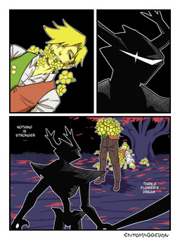 3_panel_comic ambiguous_gender censored_blood censored_gore cut_in_half death duo flower male plant text entomaggedon deltarune jujutsu_kaisen undertale_(series) flowery_(deltarune) gojo_satoru roaring_knight sukuna_(jujutsu_kaisen) humanoid 3:4 comic english_text hi_res