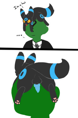 3_toes ?_face alternate_color animal_genitalia animal_penis backsack balls black_balls black_body blue_penis blush butt canine_genitalia canine_penis carrying_another clothing duo erection feet feral fluffy fur genitals hat headgear headwear hind_legs hindpaw knot looking_at_viewer male on_head pawpads paws penis presenting presenting_hindquarters simple_background size_difference text toes tongue tongue_out yellow_eyes shinyumbre nintendo pokemon anon anonymous canid canine eeveelution generation_2_pokemon mammal pokemon_(species) shiny_pokemon umbreon english_text