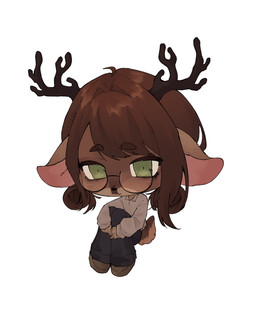 ambiguous_gender antlers black_nose blush blush_lines bottomwear brown_body brown_clothing brown_footwear brown_fur brown_hair brown_shirt brown_shoes brown_topwear chibi clothing eyewear footwear fur glasses green_eyes hair horn long_sleeve_shirt long_sleeves pants round_glasses scut_tail shirt shoes short_tail simple_background tail topwear white_background unko mari_(maril33)_(deer) deer mammal 4:5 absurd_res hi_res