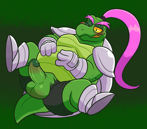 anthro armor balls belly blush clothing elderly elderly_male erection genitals green_body grin hair long_hair lying male mature_male on_back overweight penis pink_hair ponytail smile solo teeth torn_clothing unconvincing_armor vein veiny_penis yellow_sclera yellow_teeth sinribbons deltarune undertale_(series) gerson gerson_boom_(deltarune) reptile scalie turtle hi_res