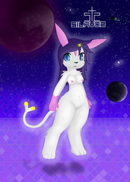anthro blue_eyes breasts female floating fur genitals hair innie_vulva navel nippel planet purple_hair smile solo universe vulva white_body white_fur silavos shivaa_snow canid canine fox humanoid mammal archived_source hi_res watermark