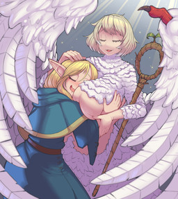 big_breasts blonde_hair breast_grab breasts clothing duo eyes_closed face_in_breasts feathered_wings feathers female female/female hair hand_on_breast holding_object holding_staff humanoid_on_humanoid humanoid_pointy_ears pointy_ears robe simple_background smile staff white_body white_feathers wings kittenboogers delicious_in_dungeon falin_touden marcille_donato animal_humanoid avian avian_humanoid elf humanoid 2026 absurd_res digital_media_(artwork) hi_res