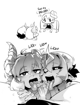 accessory balls bedroom_eyes black_sclera broken_horn chibi command first_person_view flower flower_in_hair genitals group group_sex hair hair_accessory horn human_on_humanoid humanoid_genitalia humanoid_penis humanoid_pointy_ears interspecies licking looking_at_viewer male male/male narrowed_eyes oral penile penis penis_lick plant pointy_ears seductive sex simple_background small_penis text tongue tongue_out trio white_background doppel docu_(doppel) demon demon_humanoid horned_humanoid human humanoid mammal 2020 english_text hi_res monochrome multiple_images