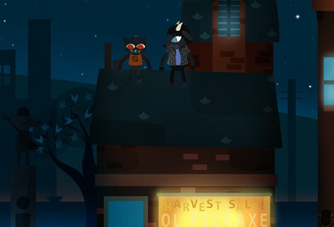 anthro city duo female night outside plant sculpture sitting sitting_on_rooftop sky star starry_sky statue tree video_game_reference slimedile night_in_the_woods mae_borowski rose_(rosethegoat) bovid caprine domestic_cat felid feline felis goat mammal digital_media_(artwork)