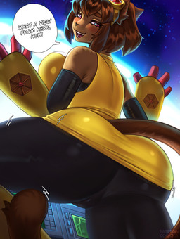 anthro big_breasts big_butt black_clothing black_latex breasts brown_body brown_hair butt clothed clothing cosmic_background eyewear eyewear_on_head female fur goggles hair handwear latex latex_clothing latex_handwear latex_legwear latex_thigh_highs legwear looking_at_viewer smile solo space space_background tail thigh_highs tight_clothing cocicka conditional_dnp gameoverse glitch_productions kit_bodega domestic_cat felid feline felis mammal hi_res