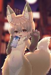 4_fingers adolescent alcohol anthro beverage beverage_can blurred_background blush breasts brown_body brown_eyes brown_fur chest_tuft claws cute_fangs dipstick_ears dipstick_tail ear_markings eyebrows fangs featureless_breasts female female_anthro finger_claws fingers fluffy fluffy_tail fur gesture gloves_(marking) hair holding_beverage holding_object inner_ear_fluff kemono looking_at_viewer markings moon multicolored_ears multicolored_tail navel night nude open_mouth outside pawpads short_hair small_breasts solo tail tail_markings tan_body tan_fur tan_hair teeth text tongue tuft waving waving_at_viewer white_body white_fur young young_anthro young_female racal_ra canid canine fox mammal 2021 absurd_res digital_media_(artwork) hi_res japanese_text portrait signature three-quarter_portrait translated_description translation_request