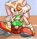 athletic_wear ball basketball bodily_fluids bottomwear clothed clothing female footwear gesture gym_uniform hand_gesture looking_at_viewer remake shirt shoes shorts sitting sitting_on_ball smile solo spread_legs spreading sweat topwear uniform v_sign wet wet_clothing young clubbin_(artist) sega sonic_the_hedgehog_(series) cream_the_rabbit lagomorph leporid mammal rabbit 2024 low_res