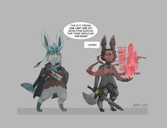accessory ambiguous_gender anthro biped black_text clothed clothing dialogue duo ellipsis eyebrows gun holding_gun holding_melee_weapon holding_object holding_ranged_weapon holding_sword holding_weapon hologram machine melee_weapon mouth_closed necktie paws profanity ranged_weapon robotic_hand speech_bubble standing suit sword tail talking_to_another text text_box weapon white_sclera yellow_eyes goblin_serf nintendo pokemon pokemon_mystery_dungeon spike_chunsoft eeveelution generation_4_pokemon glaceon pokemon_(species) robot 2025 artist_name english_text hi_res
